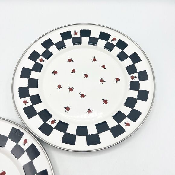 Golden Rabbit II 1999 Ladybug Plates Checkered Enamelware Jean Wilkes Set of 2 - Picture 2 of 10